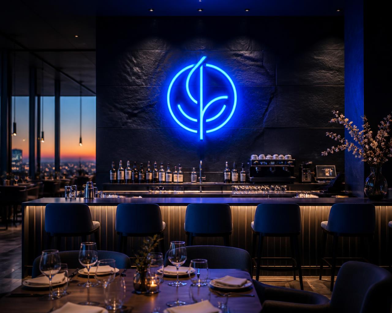 Custom LED neon sign glowing on a restaurant wall